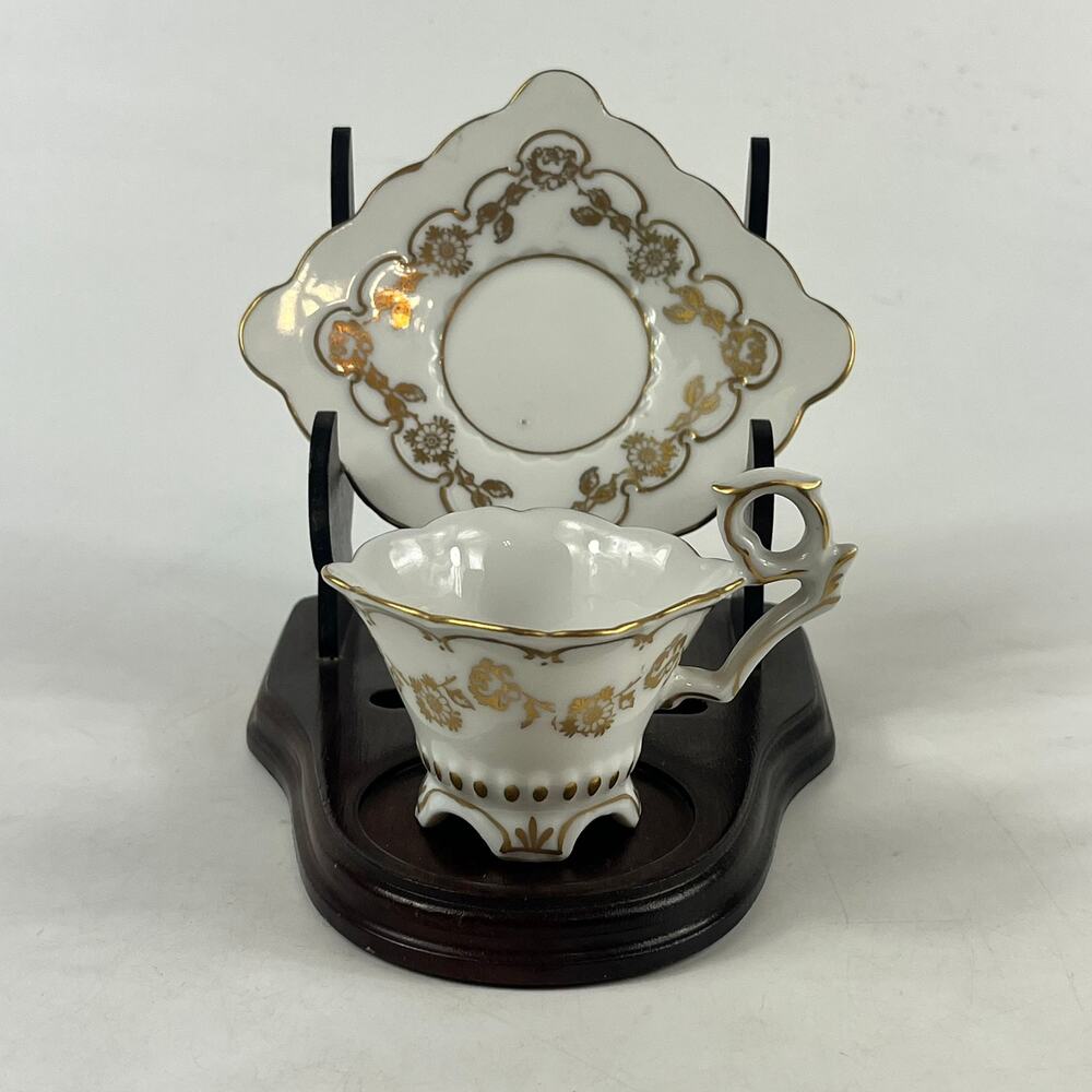 Bavaria Warranted Coin Gold Footed Teacup & Saucer Set Ornate Handle Vintage